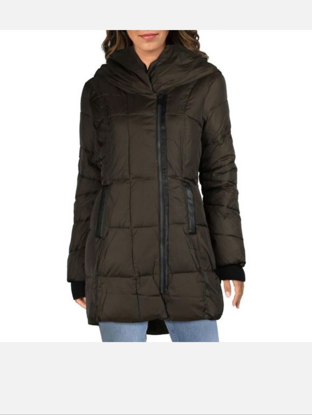 French Connection Women's Quilted Asymmetrical Hem Hooded Winter Puffer Coat